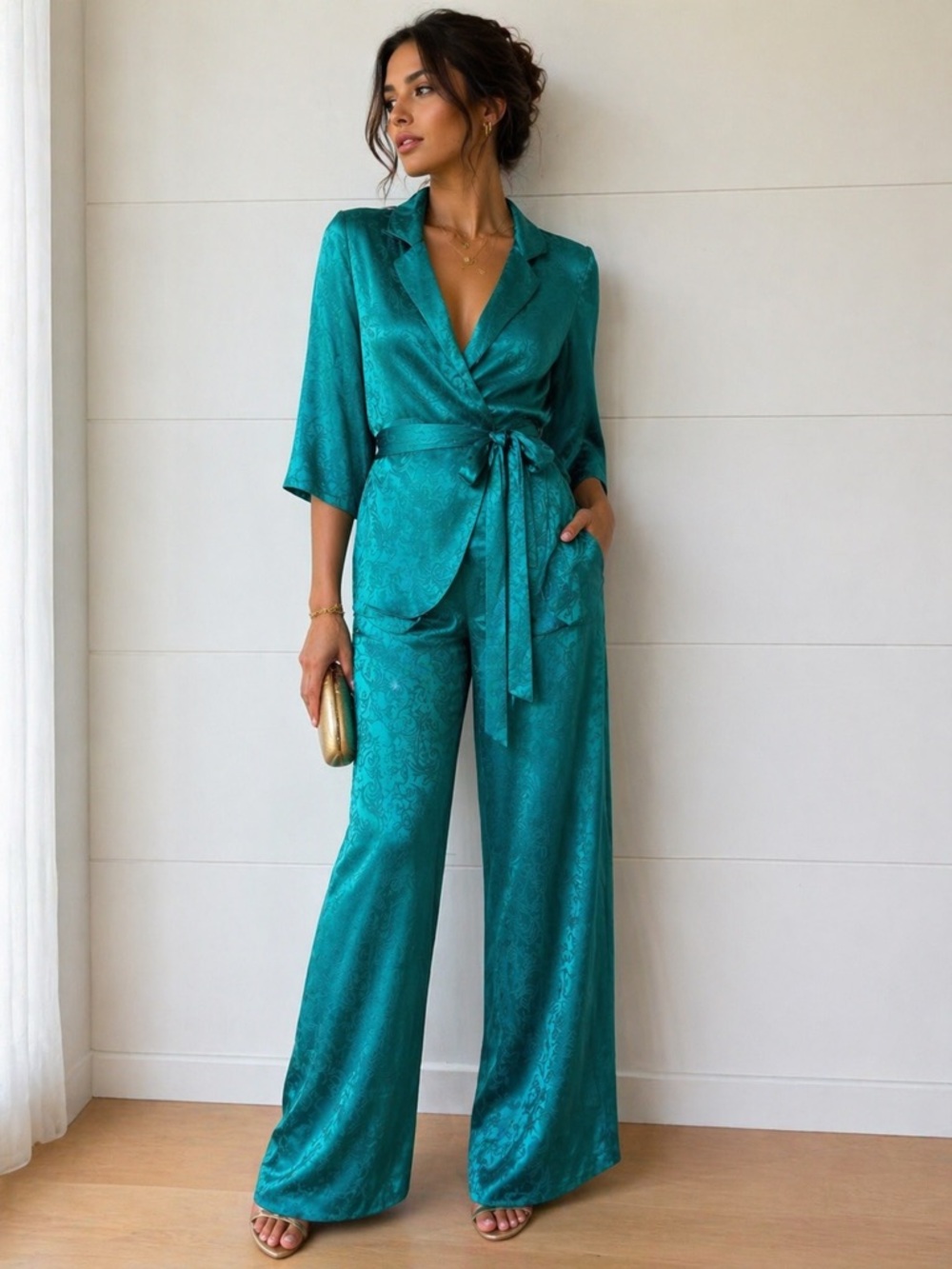 100% Silk Teal Jacquard Set • Wrap Top & Wide Leg Pants • Belted Lounge,Resort